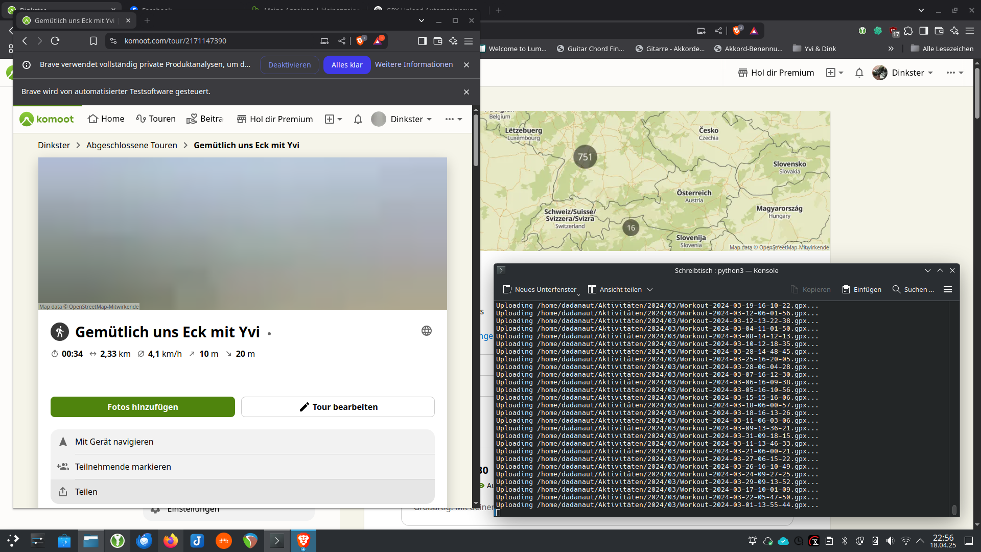 Bildschirmfoto mit Komoot-Konto, in das viele Aktivitäten per Python-Skripte importiert werden