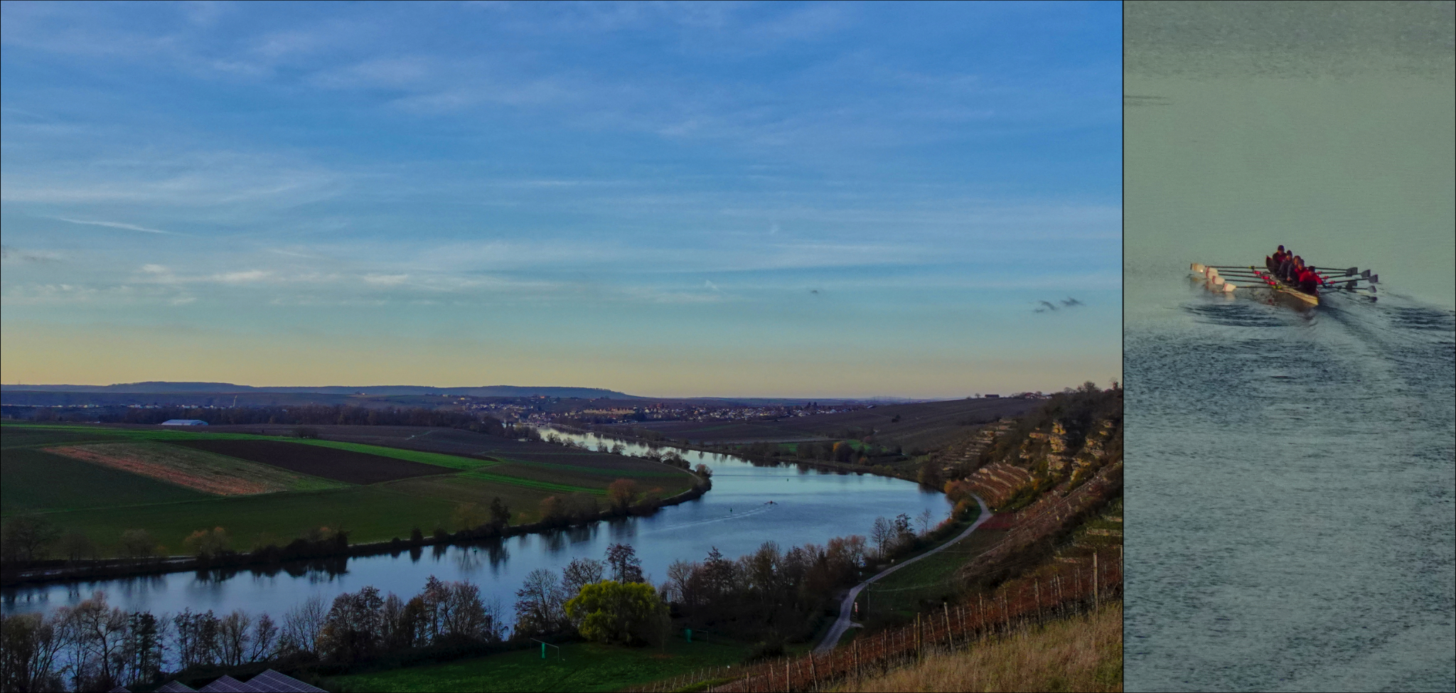 Der Blick auf die Neckarkurve vor Lauffen, rechts der Krappenfelsen