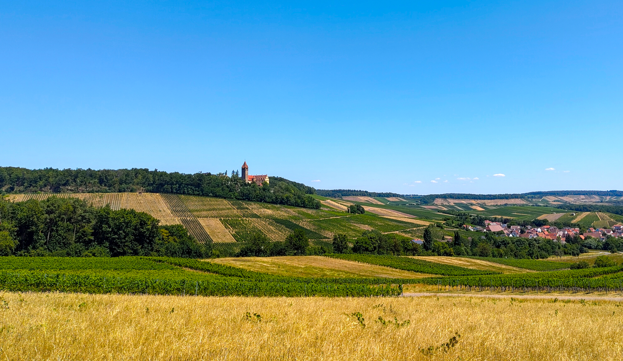 Das Bild zeigt Schloss Stocksberg in Brackenheim, Baden-Württemberg. Es ist von Weinbergen umgeben, die Teil des Landschaftsschutzgebiets Weinberghang südlich und nordöstlich des Schlosses Stocksberg sind. Die Szene liegt im Naturpark Stromberg-Heuchelberg. Das Schloss befindet sich im Ortsteil Stockheim.