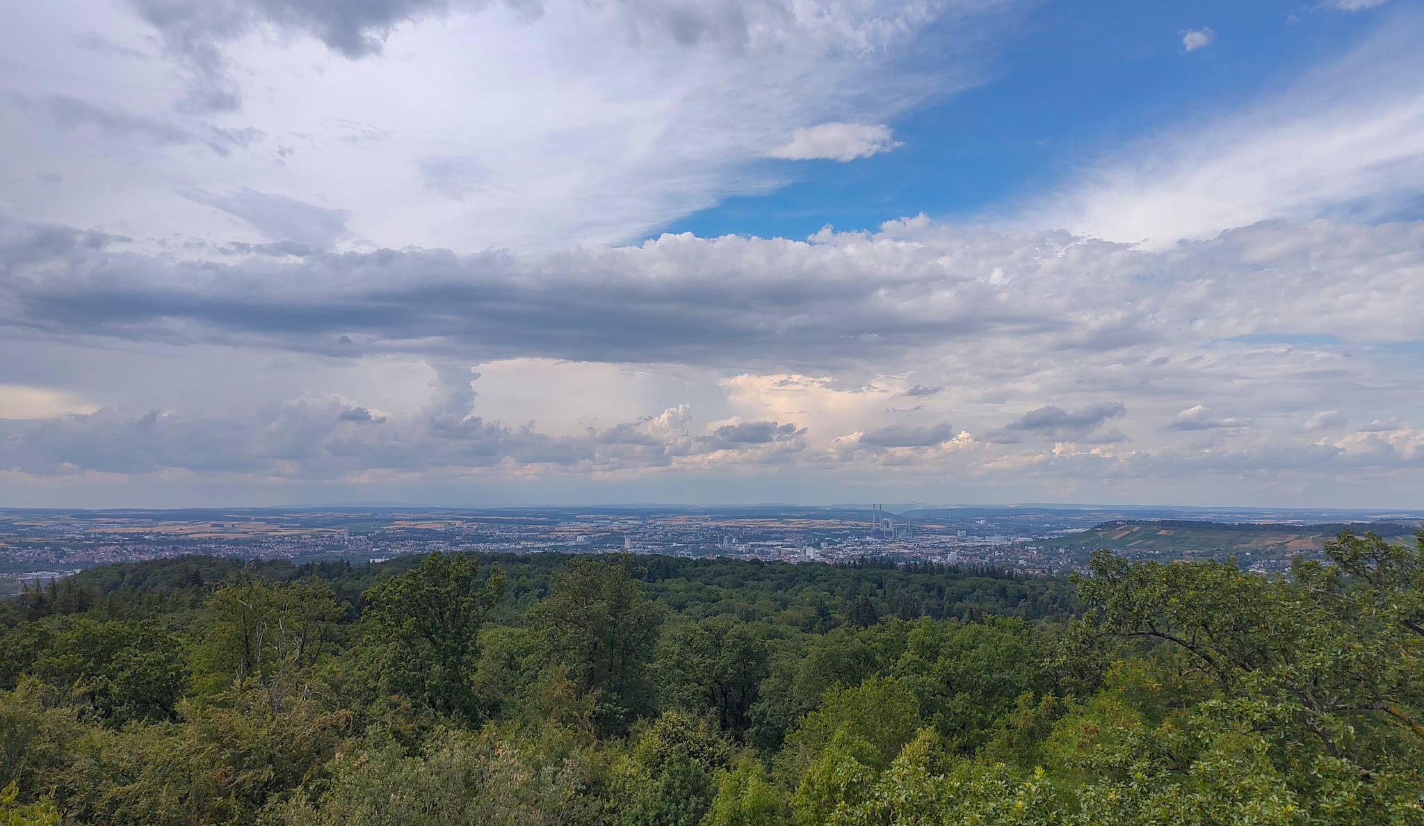 Dieses Panorama zeigt den Blick vom Schweinsbergturm auf die Stadt Heilbronn in Baden-Württemberg. Im Vordergrund ist der bewaldete Schweinsberg zu sehen, eine Erhebung im Heilbronner Stadtgebiet.