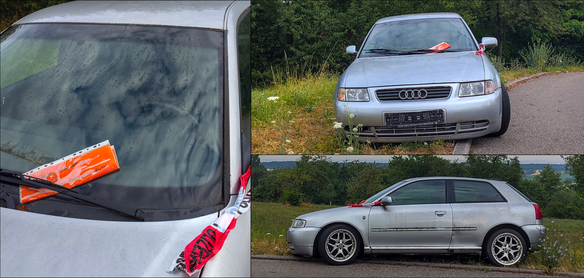 Stillgelegtes Auto am Ortseingang von Beilstein. Da werden Phantasien wach. Eventuell ein zurückgelassenes Fluchtauto.