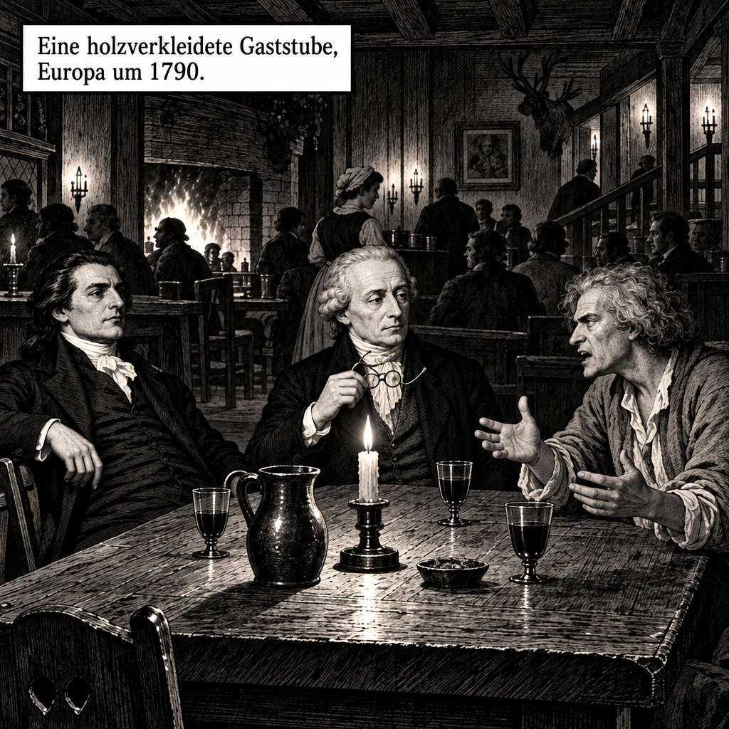 Adam Weishaupt, Immanuel Kant und Jean-Jacques Rousseau diskutieren in einer Taverne so um 1790 rum.