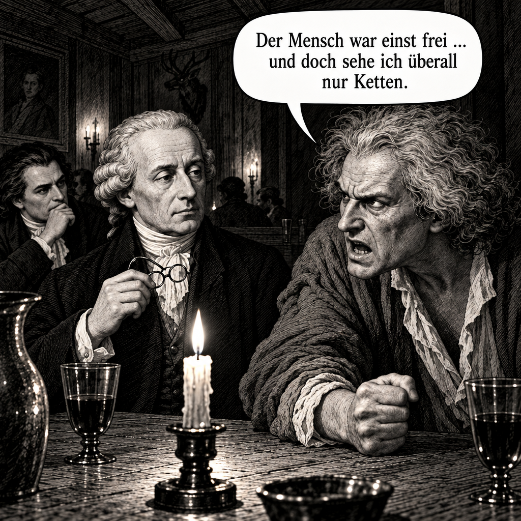 Rousseau bemängelt, dass der Mensch einmal frei war.