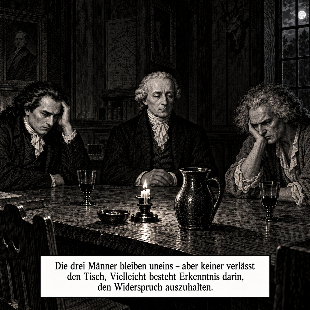 Adam Weishaupt, Immanuel Kant und Jean-Jacques Rousseau schweigen und erkennen, dass man Widerspruch aushalten muss.