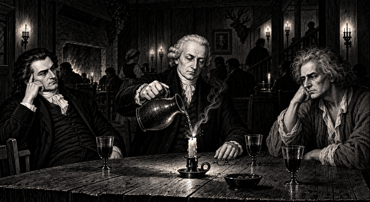 Drei Denker in der Taverne - Erlebe ein fiktives Streitgespräch zwischen Adam Weishaupt, Immanuel Kant und Jean-Jacques Rousseau über Freiheit.